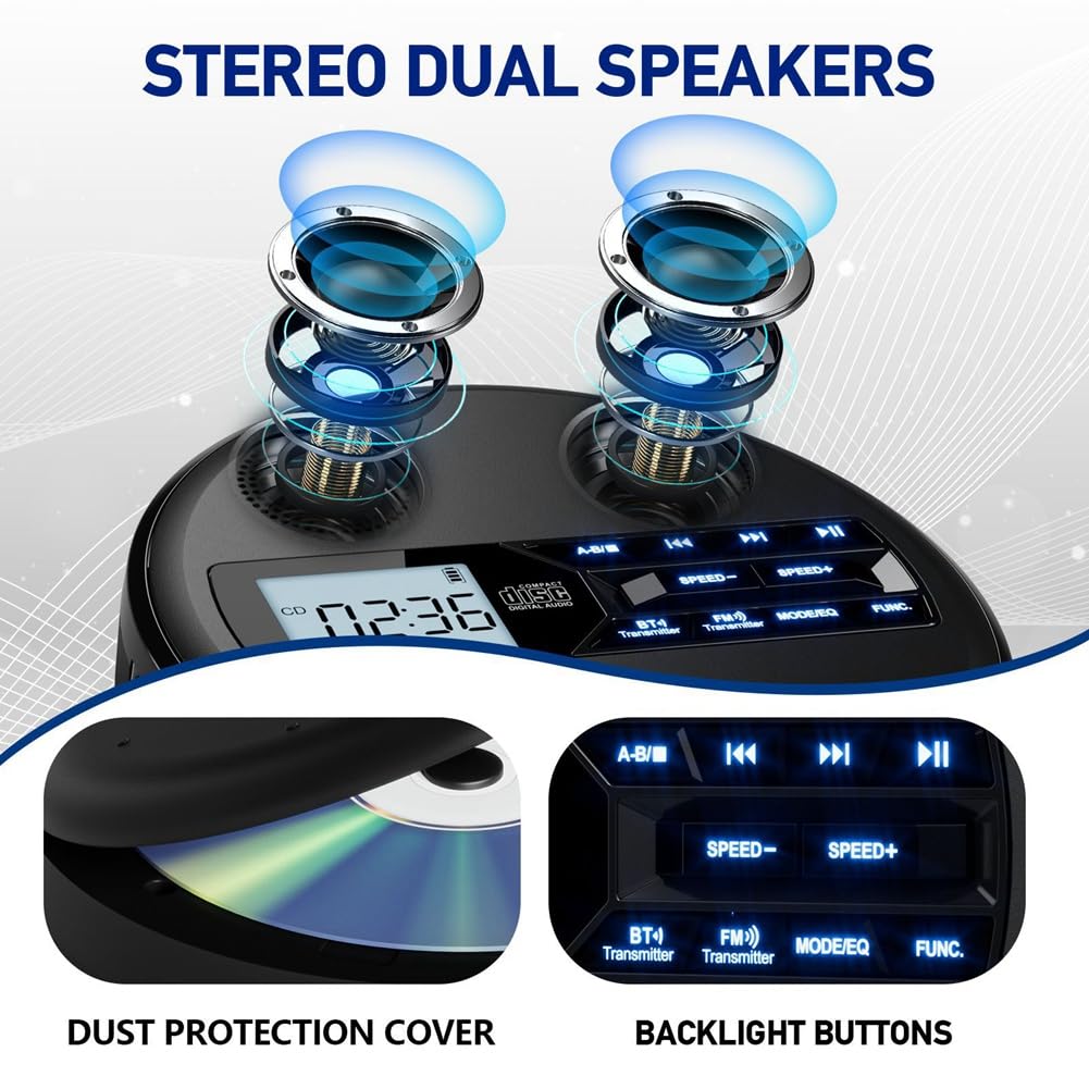 Reproductor de CD Discman Multifuncional con Bluetooth, FM, Auriculares, Repetidor, Máquina de Aprendizaje y Altavoz Estéreo USB Negro.