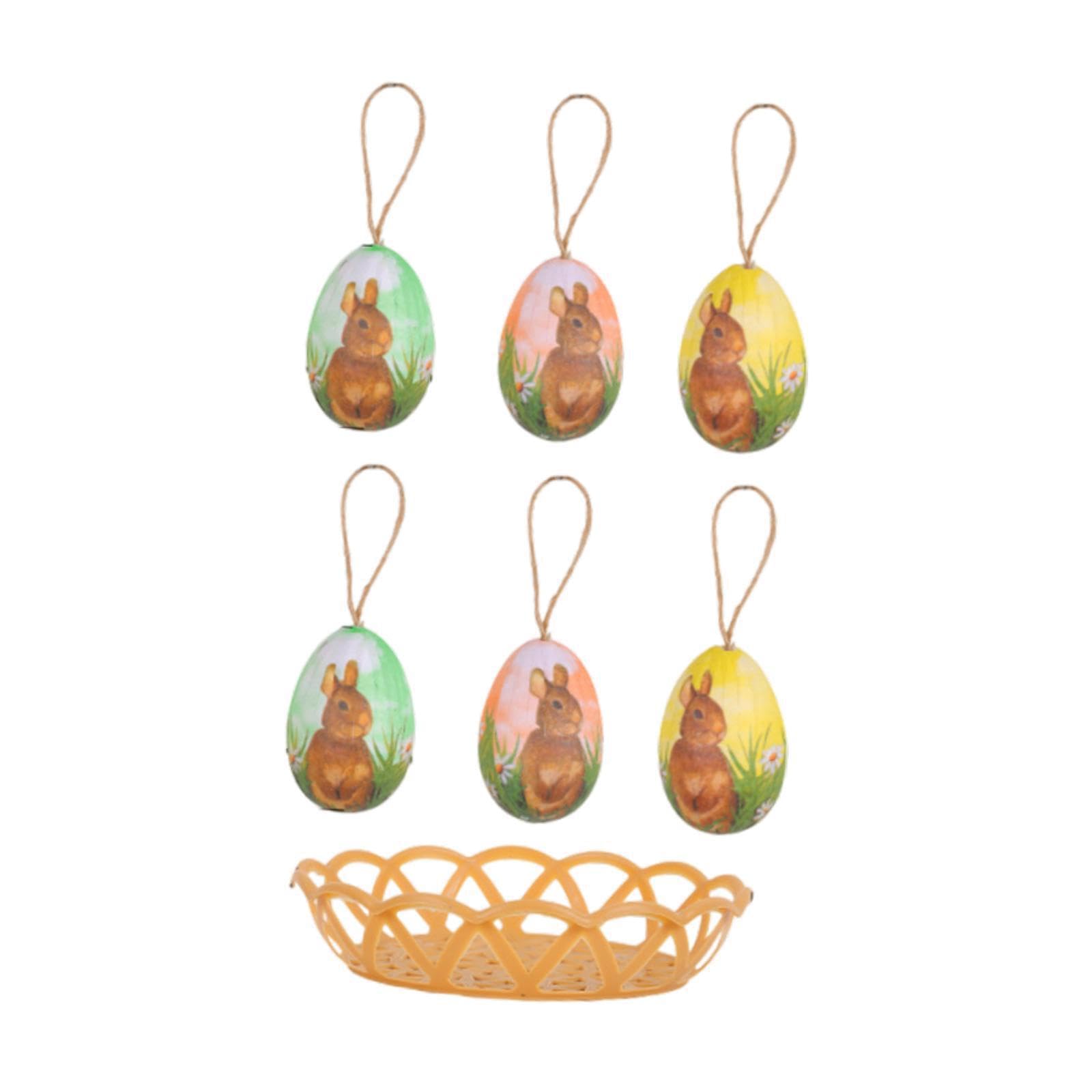 PUXZYAX Friend Gift Home Decoration Art Crafts Decorative Colorful Easter Eggs Decorations With Basket Easter Hanging Ornament Can Decorate Home Hanging, Brown Bunny Print, Basket 14x3cm