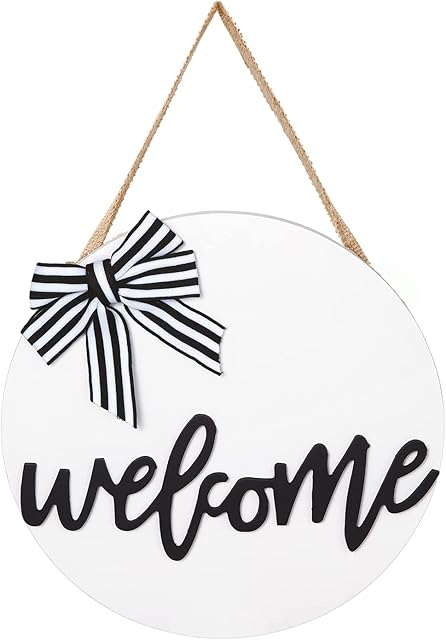 Dahey Welcome Sign for Front Door Decor Winter Wreath 12 Inch Farmhouse Wood Wall Hanging Outdoor Home Porch Decorations for Christmas Day All Seasons Holiday Housewarming Gift, White