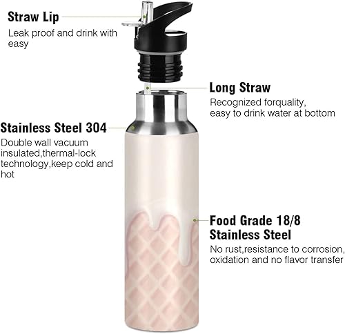 Miniatura 3 de Waffle Grid Ice Creampastel Peach Leakproof Insulated Water Bottle With Straws Leak-proof Double Wall Vacuum Insulated for Water, Milk, Juice,