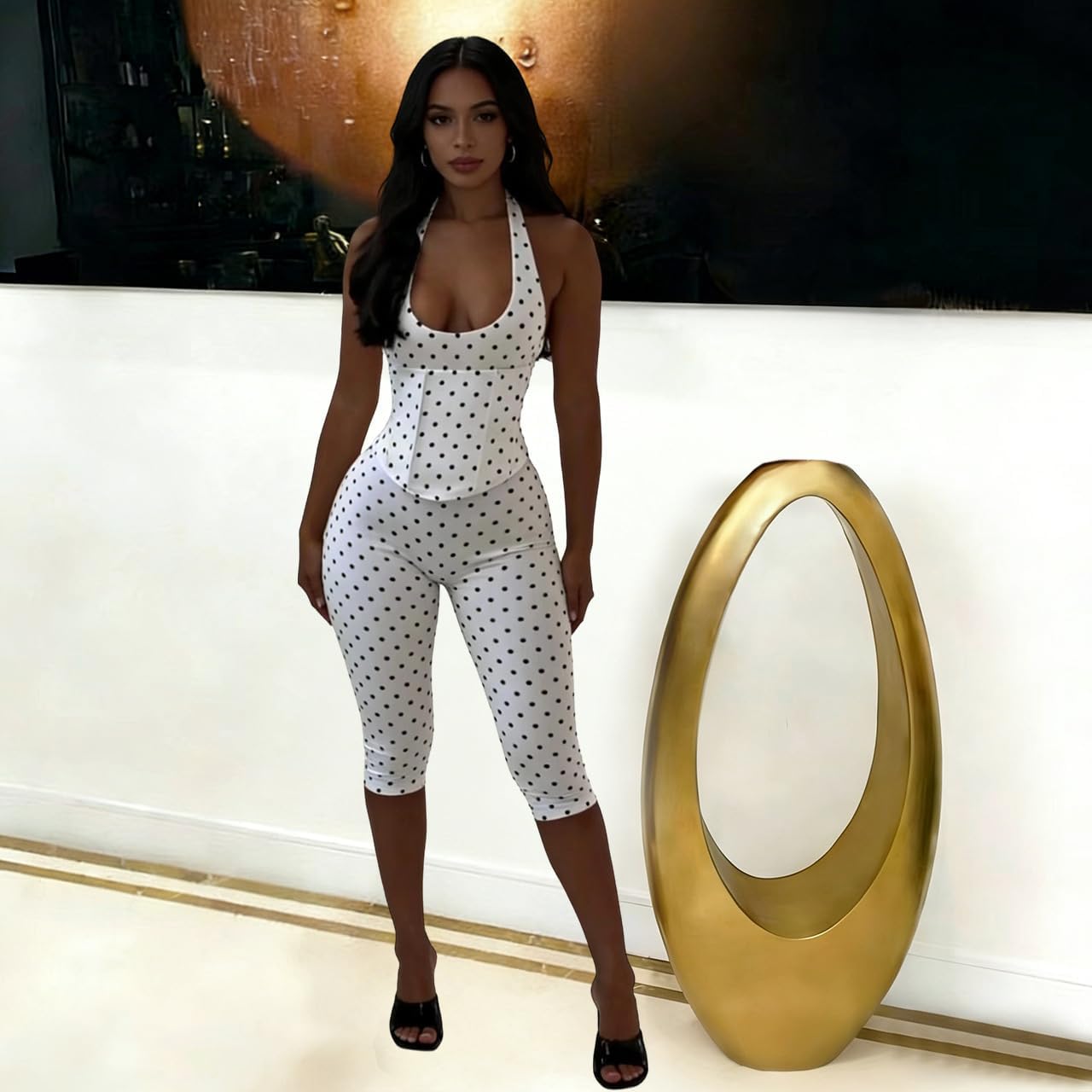 Jumpsuits for Women Sexy Polka Dot Halter Jumpsuit Bodycon Capri Pants with Corset Waist Sets Club Outfits