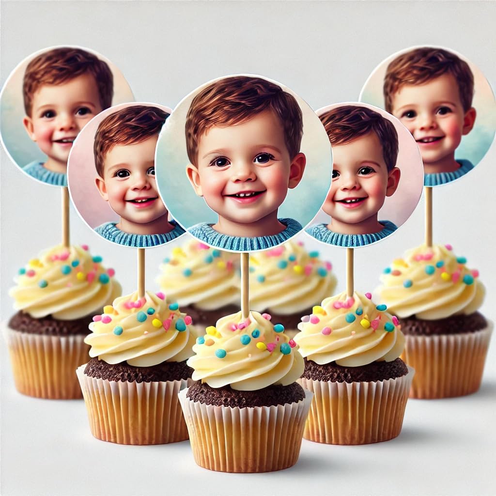 Clarent - Custom Cupcake Toppers, Fun Face Cutout Dessert Toppers, Cake Topper, Personalized Photo Head Cutout, Photo Paper, Waterproof, Magnet, Great Decoration for Birthday