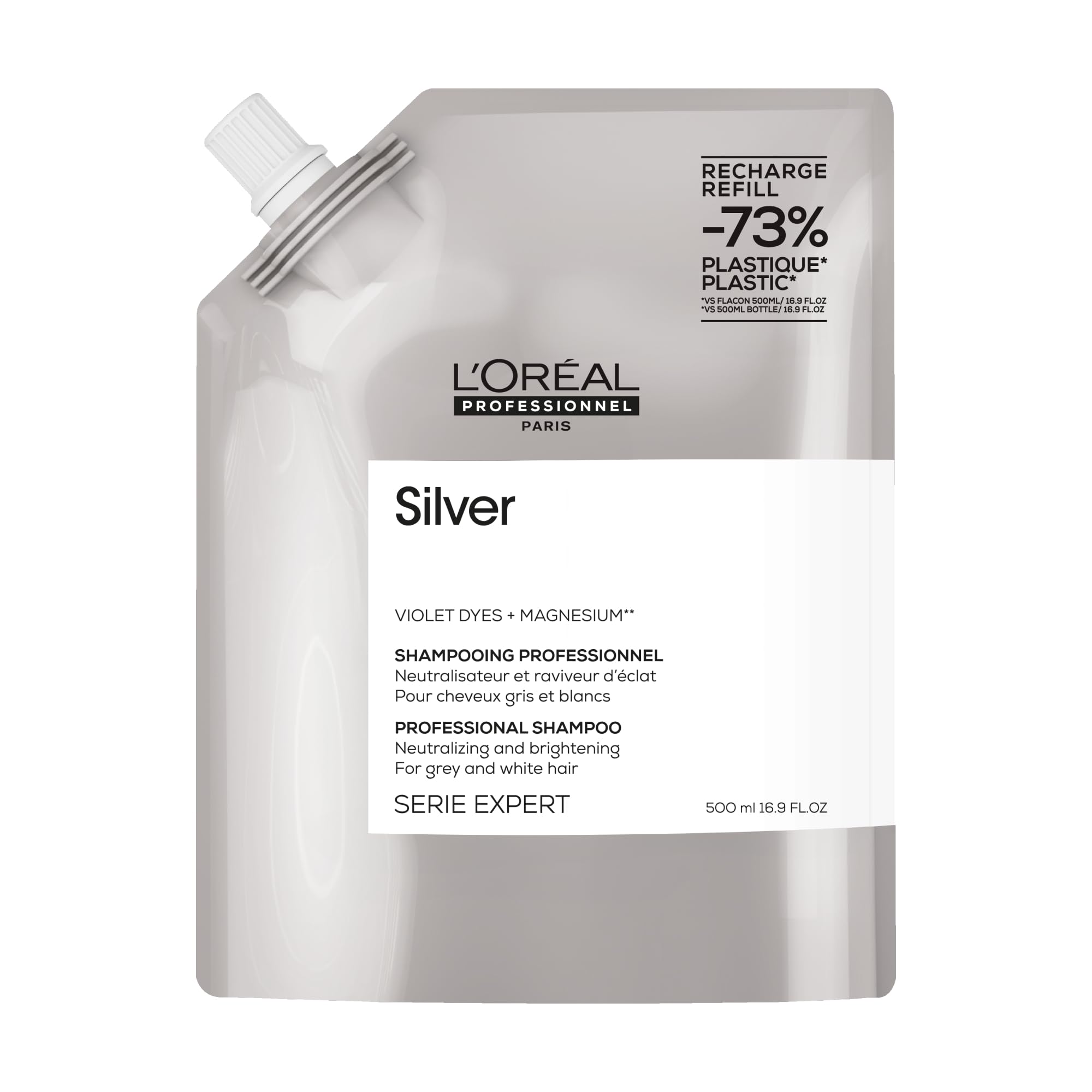 L'Oréal Professionnel Anti-Yellow Tint Hair Shampoo for White, Grey & Bleached Hair, Purple Pigments, Series Expert, Silver Refill Shampoo, 500 ml