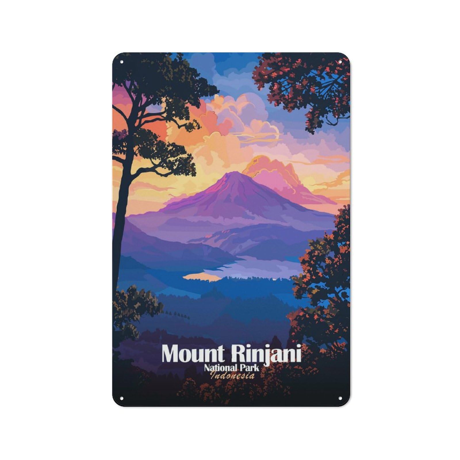 Metal Wall Sign 30x20cm Featuring Mount Rinjani National Park, Indonesia for Pub Or Café, Housewarming Wall Decor for People Furnishing Pub And Café