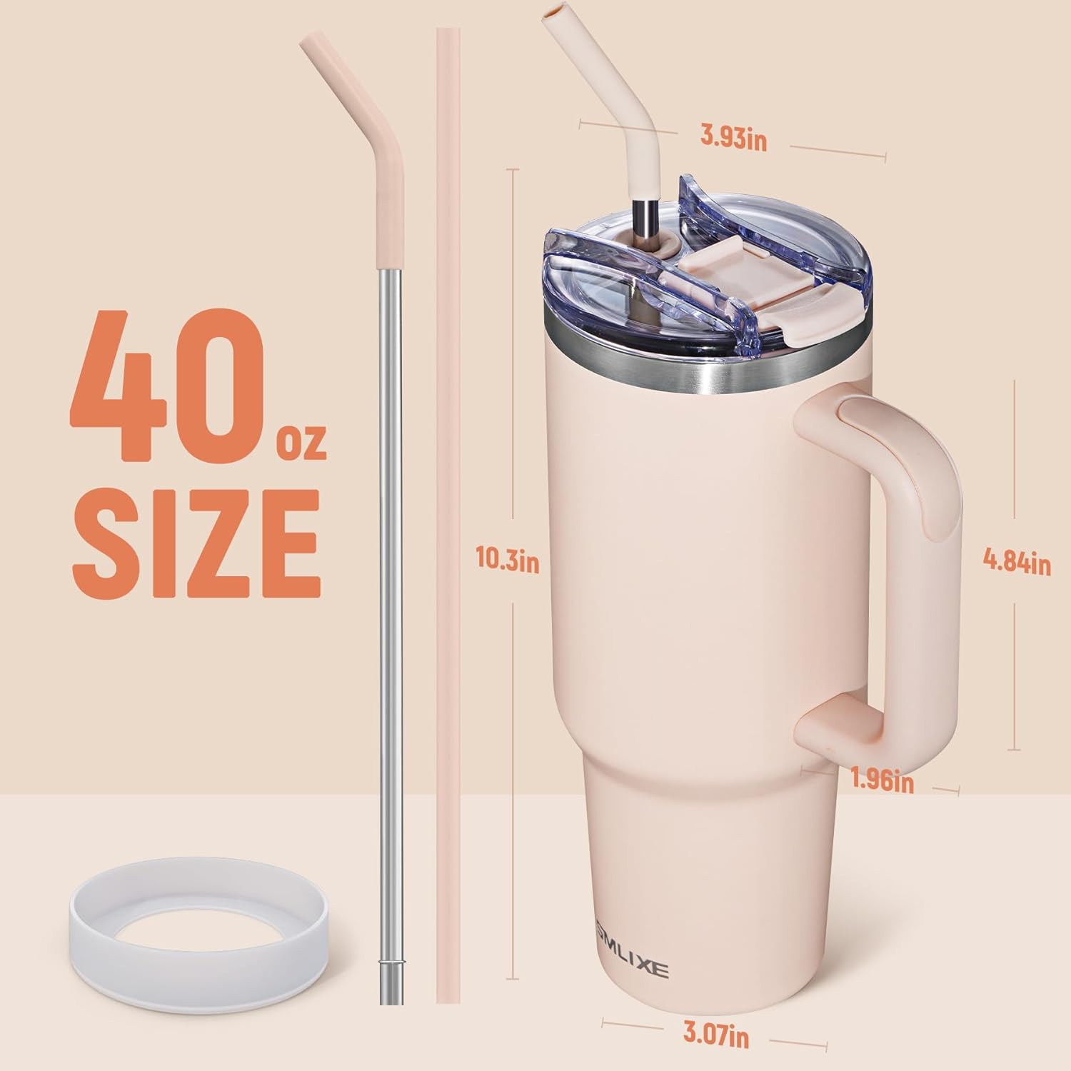 40 oz Tumbler with Handle and Straw Lid,Insulated Reusable Stainless Steel Water Bottle Travel Mug,Cupholder Friendly Double Wall Vacuum Sealed Cup (Rose Quartz) - Image 3