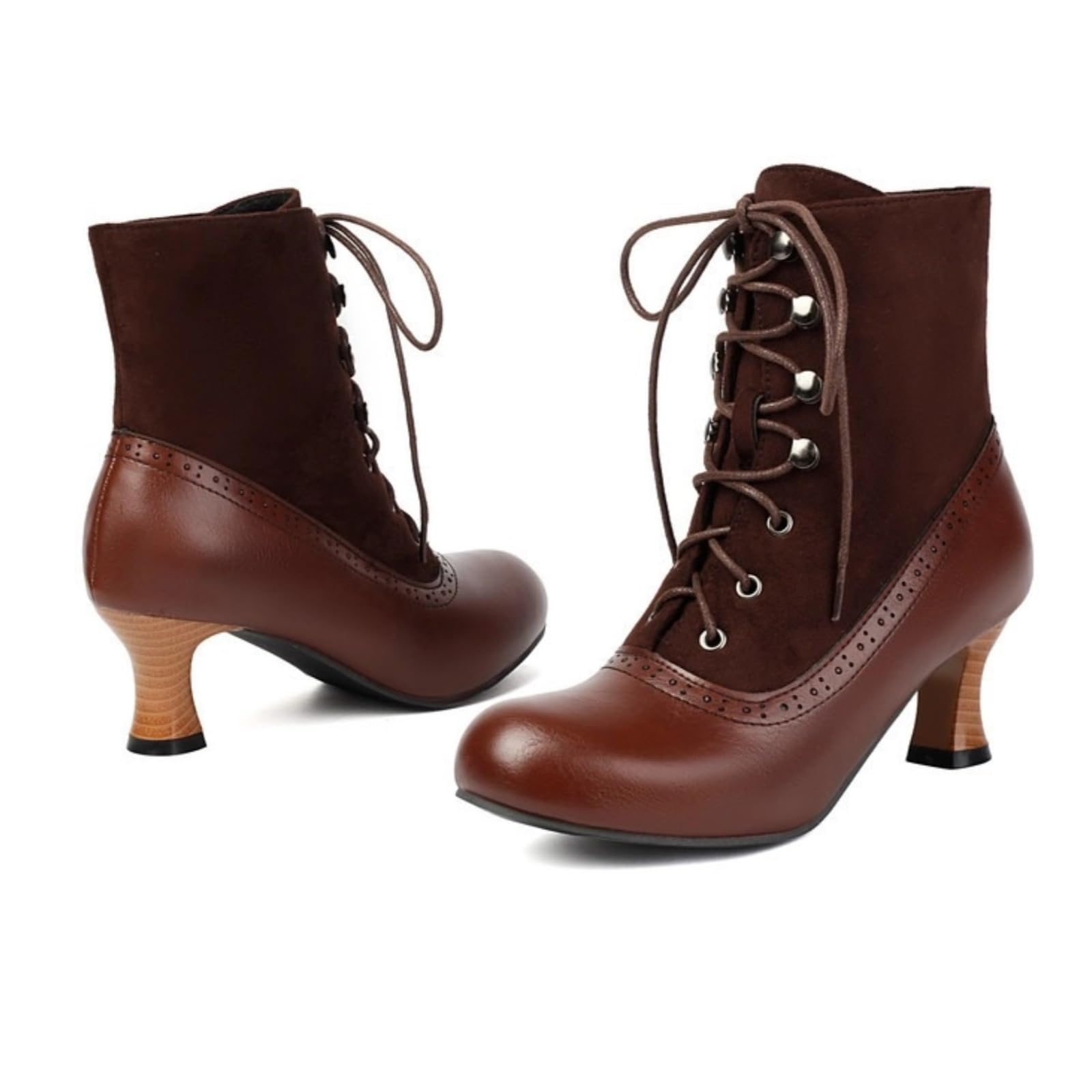 ZQW Wingtip Ankle Boots for Women Lace-Up Round Toe Kitten Heel Retro Plus Size Comfortable Cute Vintage Dress