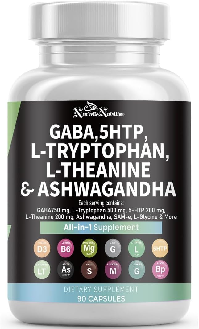 GABA Pills with 5-HTP Extract, L-Tryptophan, L-Theanine, Ashwagandha, Vitamins D3, B6, Magnesium, L-Tyrosine, L-Glycine, Sam-e & Black Pepper Mood Support Supplement