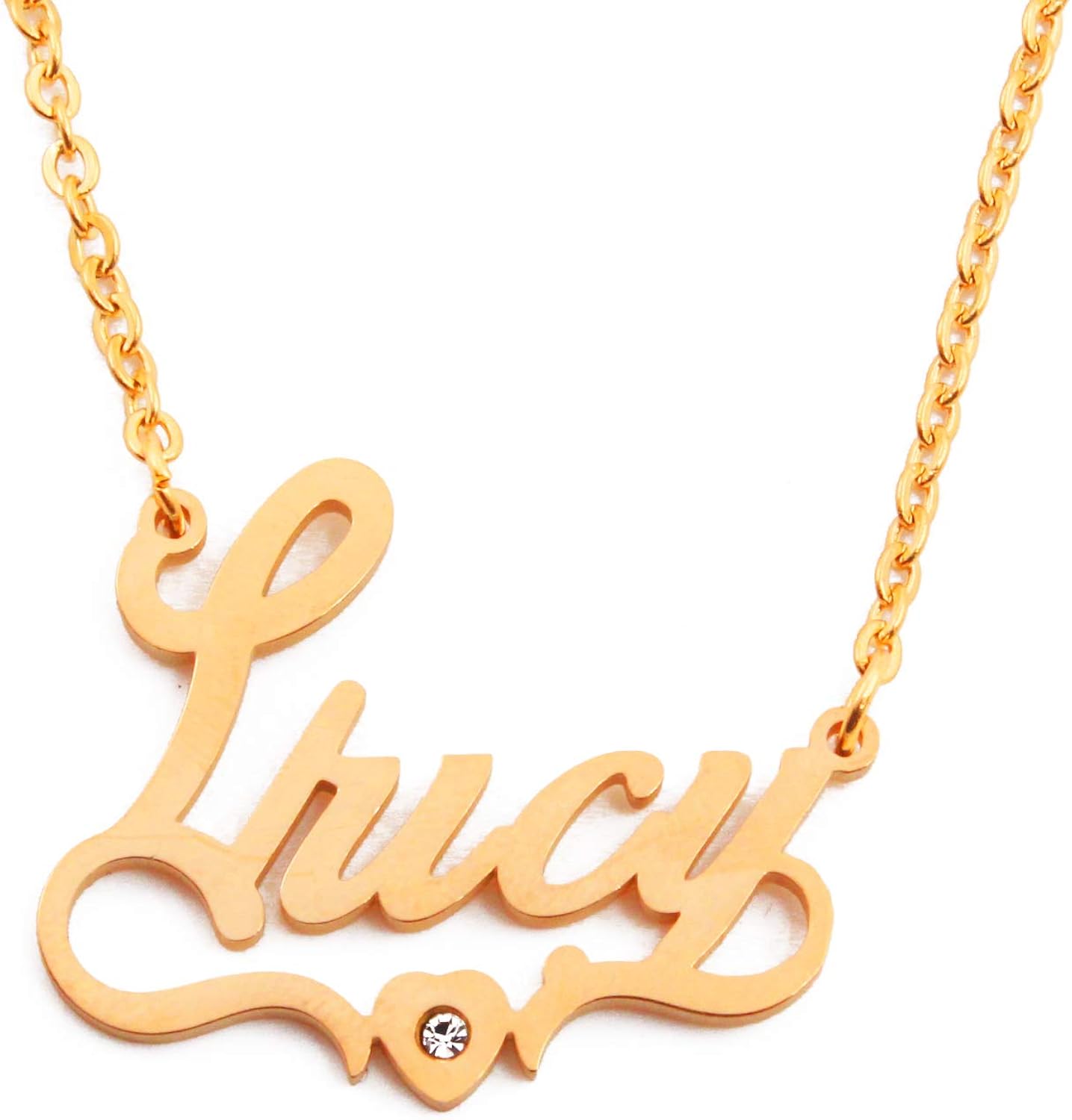 Kigu Lucy Name Necklace Heart Shaped Personalised Gold Plated, Custom Dainty Name Pendants, Jewellery for Ladies Girlfriend