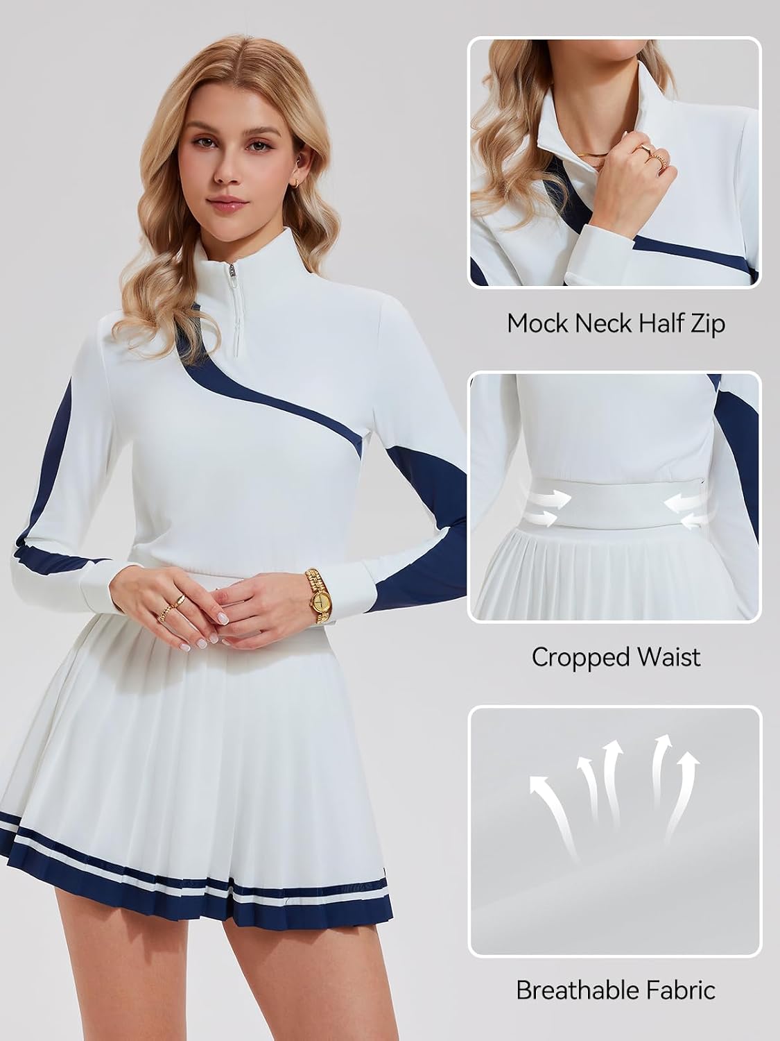 Women 2 Piece Skirt Set Golf Outfits Half Zip Long Sleeve Pullover Tennis Skirt Matching Sets Athletic Tracksuits