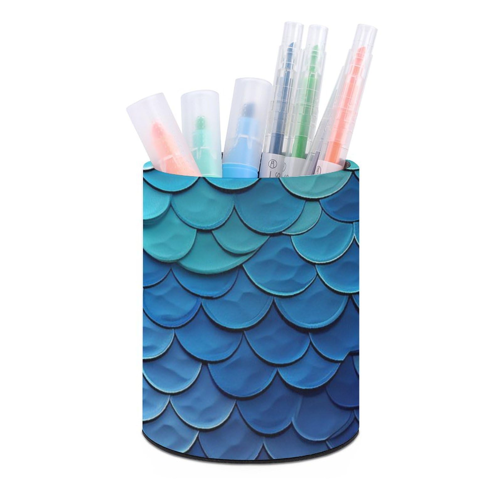 JTREHY Round Pen Holder,Blue Mermaid Fish Scale Printed Makeup Brush Storage Box Desktop Stationery Storage Cup Office Accessories Storage Box Pencil Storage Box for Home Office Dressing Table