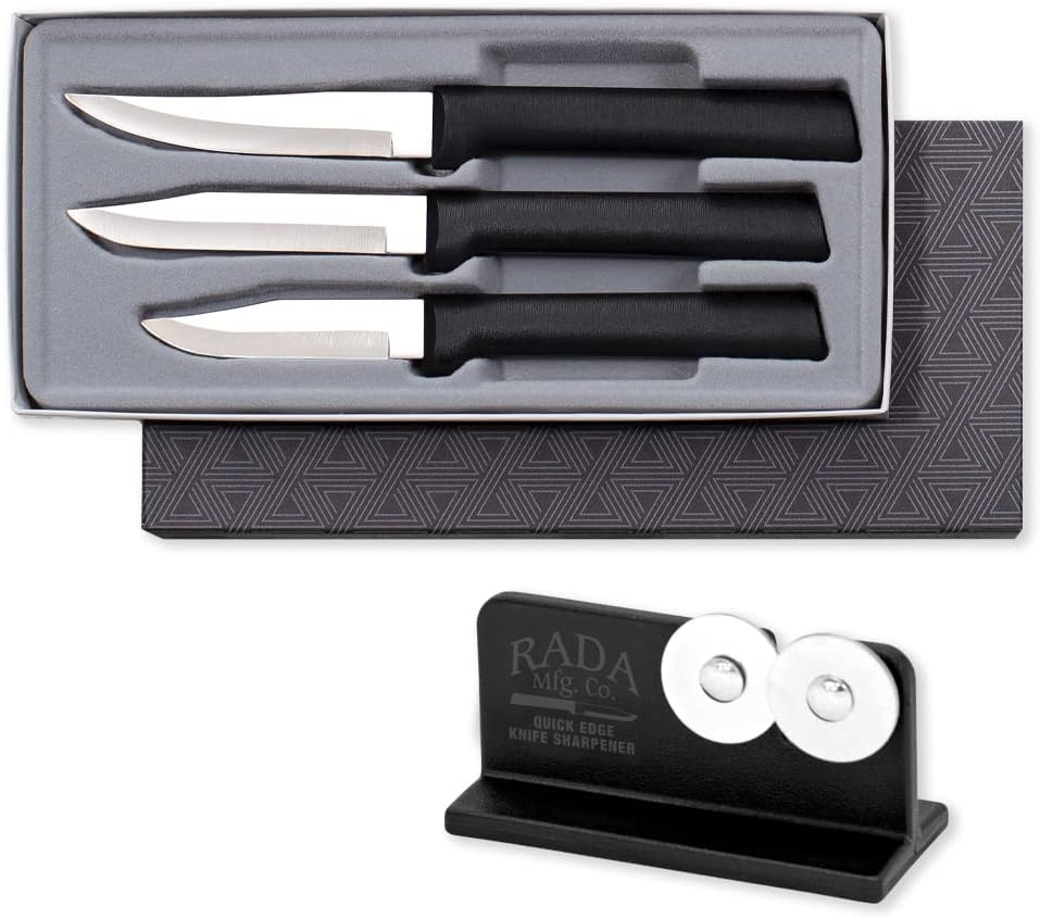 Rada Cutlery Paring Knife Galore Gift Set (S01) with Quick Edge Sharpener (R119), 3-Piece Knife Set and Knife Sharpener, Stainless Steel Blades, Silver Handle
