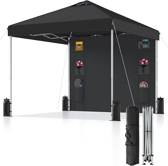 10x10 Pop Up Canopy with Sidewalls, Instant Heavy Duty Canopy Tent for Parties, Events, Camping, One Person Setup - Black