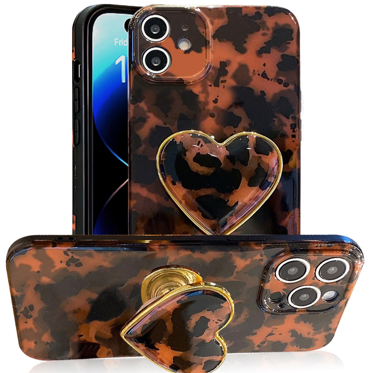 Espumoso Compatible with Cute iPhone 11 Case 6.1'', Tortoise Shell Phone Case with Brown Amber Print Leopard Heart Holder Stand Kickstand Shockproof