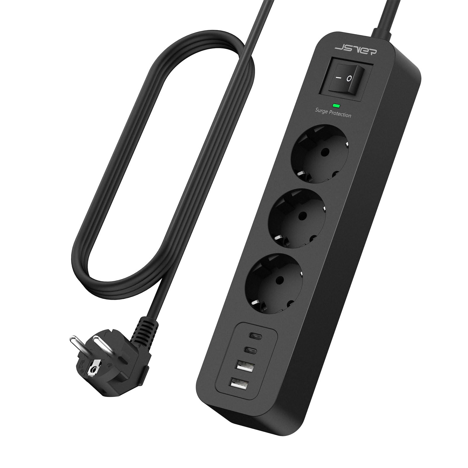 JSVER Mehrfachsteckdose mit USB C, Steckdosenleiste Überspannungsschutz mit 4 USB, Mehrfachstecker Steckdosenturm mit Schalter, Verlängerungskabel 2M für Zuhause-Schwarz