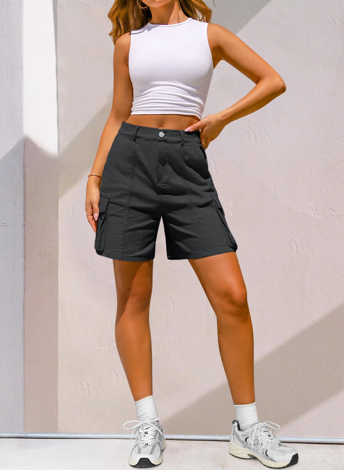 LYHIPSS Cargo Shorts Women Bermuda Knee Length Long Hiking Shorts with Pockets Elastic Waist for Summer Casual Trendy Outfits