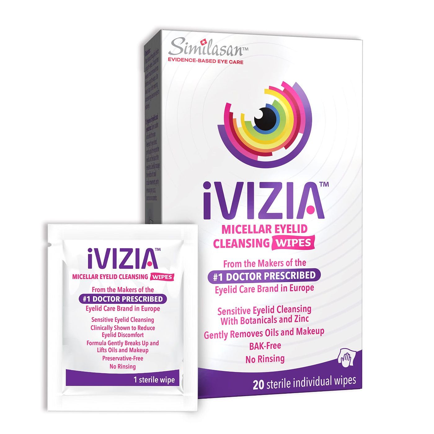 ivizia eyelid cleansing wipes for sensitive eyelid cleansing preservative-free micellar no rinse gentle eye makeup remover 20 sterile single-use wipes for eyelids packaging may vary