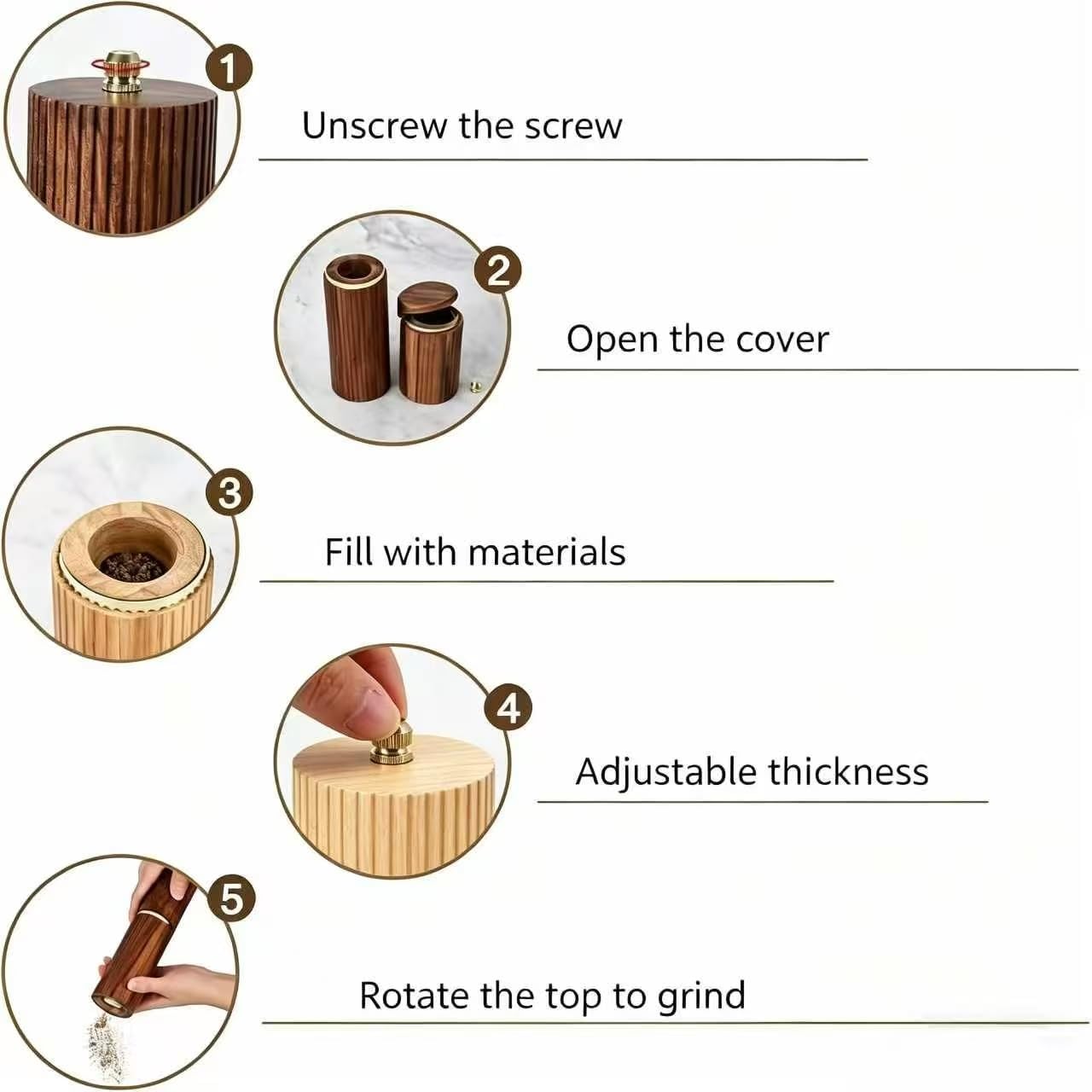 Wood Salt And Pepper Grinder Set, Manual Adjustable Grinders With Matching Wooden Tray, Refillable Salt & Pepper Mill Set, Gift For Kitchen And Dining (A)