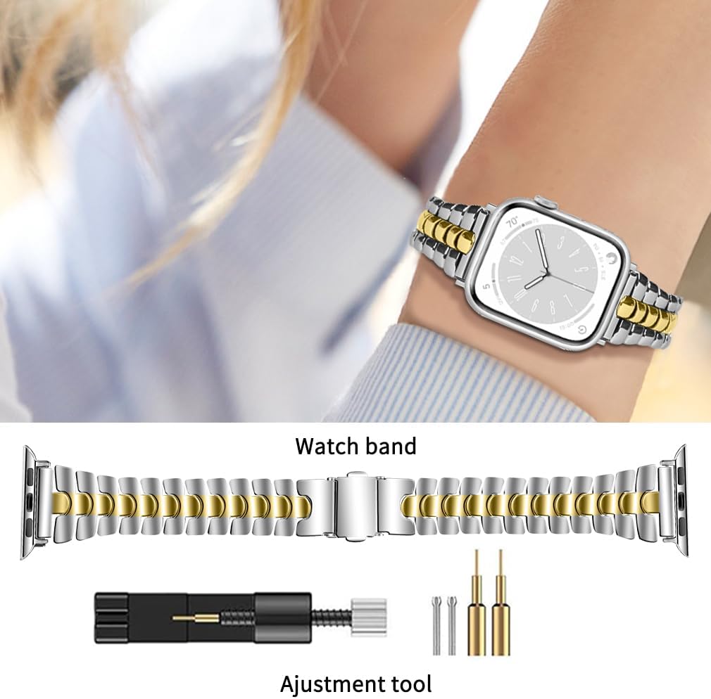 Thin Metal Band Compatible with Apple Watch Band 38mm 40mm 41mm 42mm 44mm 45mm 49mm, Dressy Stainless Steel Chain Strap, Slim Fancy iWatch Band with Case for Women Men