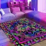 EISKBC Blacklight Burning Sun Area Rug, Neon UV Reactive Celestial Moon Star Planet Throw Rug, Non-Slip Fluorescent Boho Hippie Floor Mat Carpet, Glow in The Dark Bedroom Home Decor 70x47inch