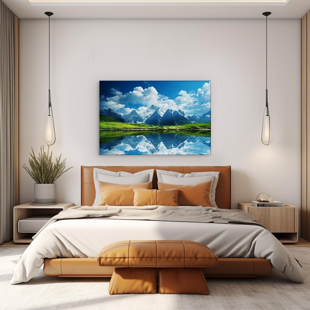 Canvas for Living room. Majestic Peaks and Pristine Reflections � Discover Tranquility Amidst Nature's Grandeur, 27 x 18 inch Canvas Wall Art - Contemporary Masterpieces - Modern Home Decor