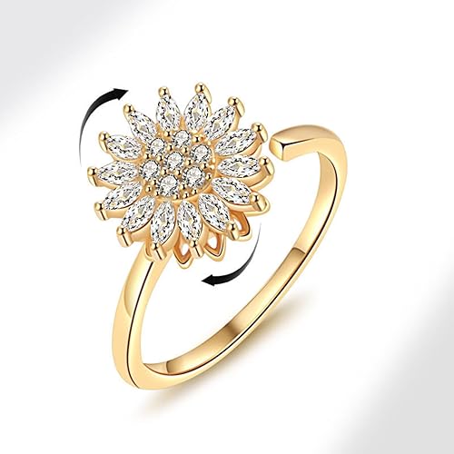 Miniatura 5 de Anillo de girasol para mujer, anillo dorado de cristal para ansiedad, circonita cúbica, girasol, abierto, ajustable, anillo giratorio para el sol,