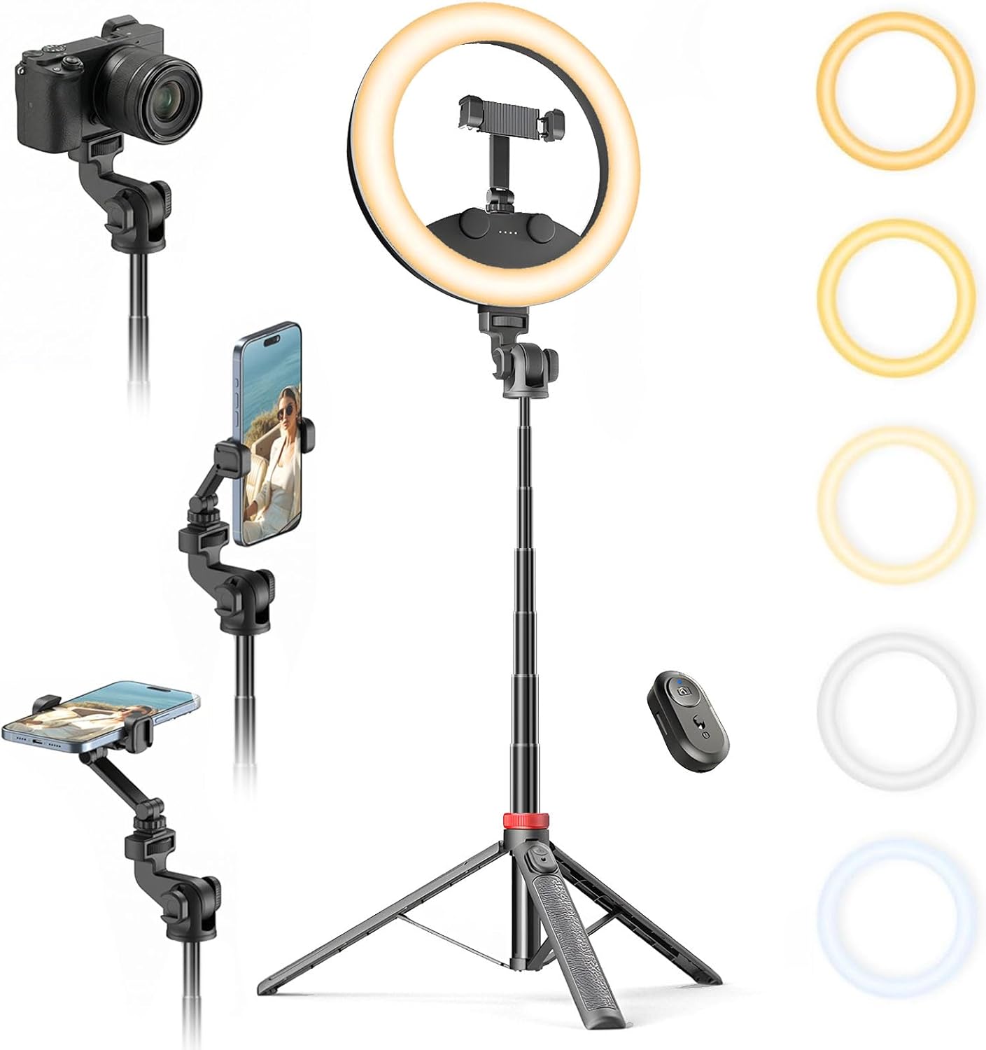 10''Selfie Ring Light with 64''Tripod Stand,Rechargeable Ring Light with Phone Holder and Remote Control,Adjustable Color Temperature and Brightness,5000mAh Battery,Live Streaming,Makeup,Travel,Gaming