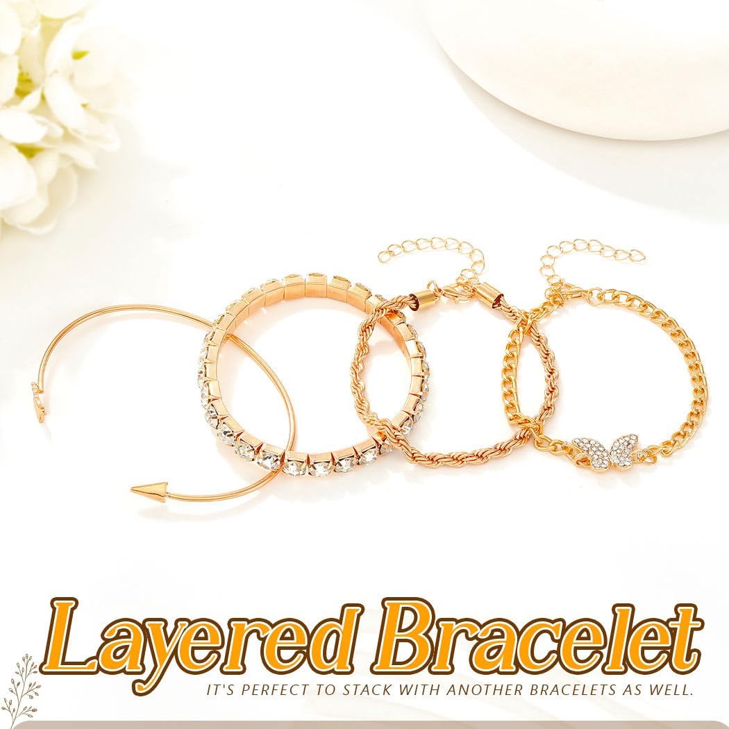 Boho Gold Butterfly Chain Bracelets Set Plated Multiple Layered Stackable Open Cuff Wrap Bangle for Women(4Pcs) - Image 7