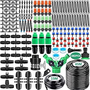 NCKIHRKK 281PCS Sistema de Riego por Goteo, 45M+15M Kit Riego por Goteo, Micro Riego Sistema de Riego Automático con Ajustable Boquilla y Gotero, Sistema de Riego Jardín para Maceta, Huerto, Terraza