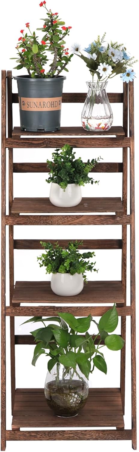 Wood Ladder Shelf Plant Shelves for Plants 4 Tier Ladder Bookshelf Indoor Outdoor Plant Shelf Rustic Brown Bookshelf Small Bookshelves for Small Spaces