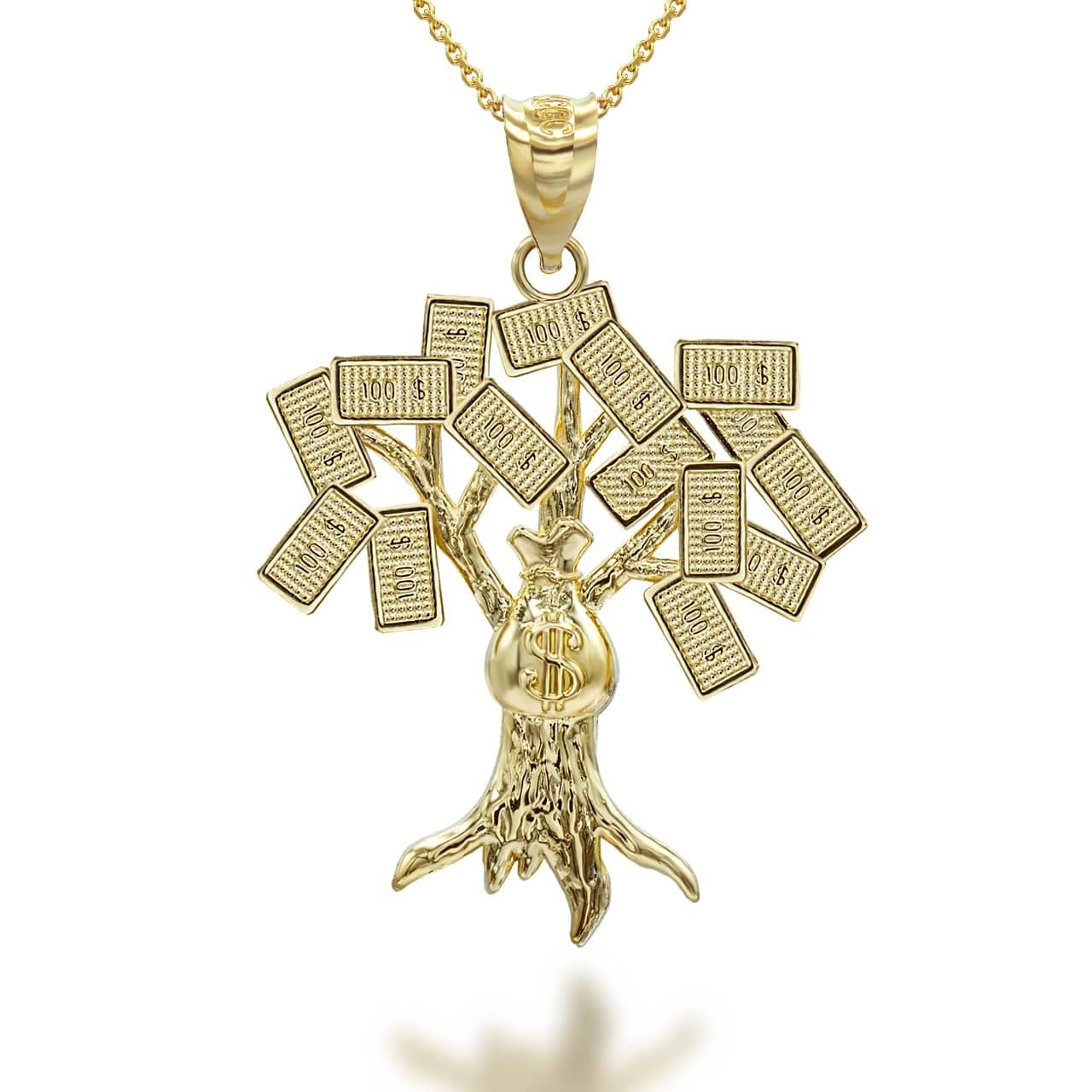 10K Yellow, White, or Rose Gold USD Dollar Money Bag Treasure Tree Pendant Necklace - Choice of Meta