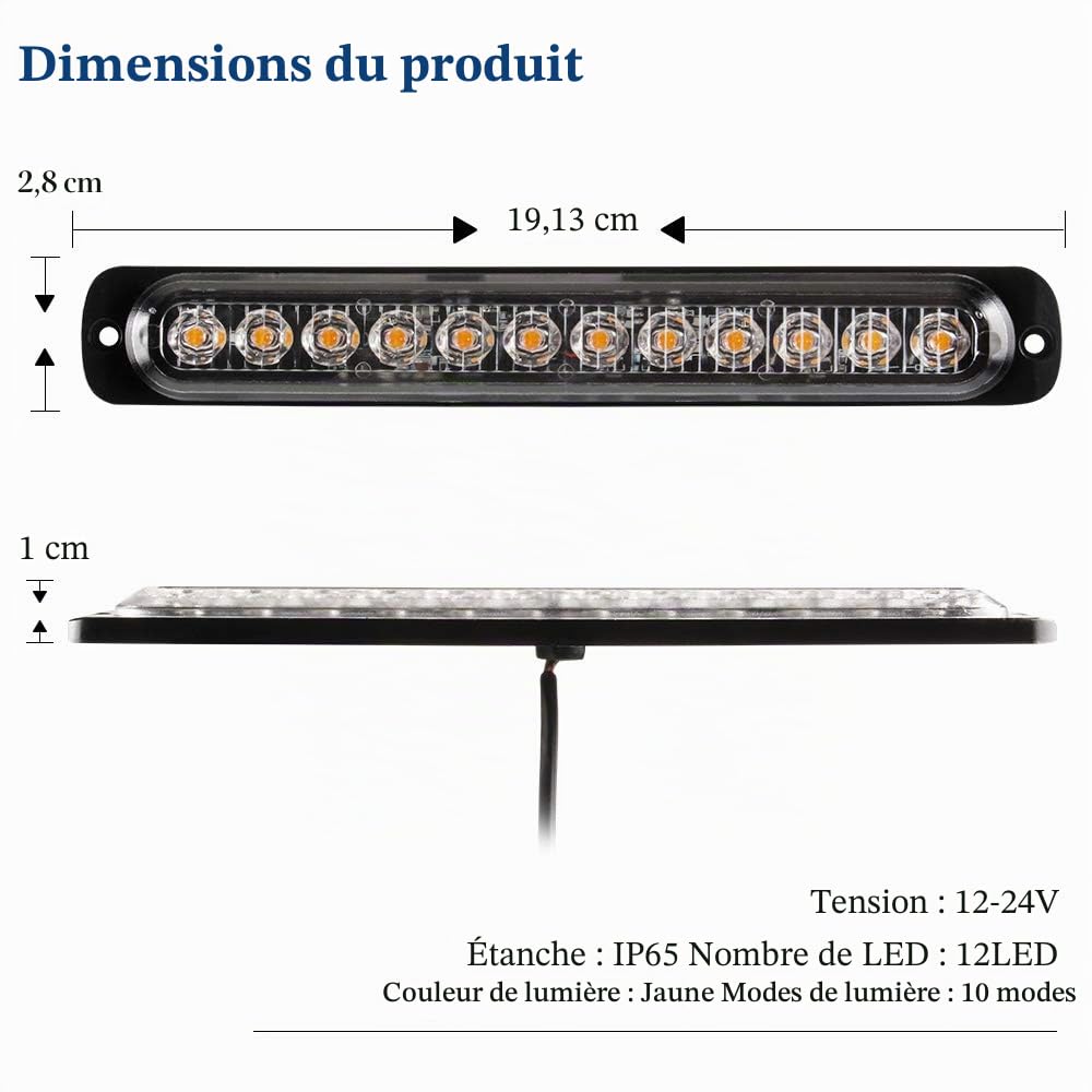 2x 12LEDS Led Stroboscope Voiture Avertissement D'urgence Lumières Strobe Voyants D'avertissement Bar Lumière de Mode de Clignotant Moto (Ambre)