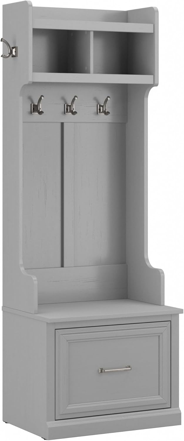 Bush Home Woodland 24W Hall Tree and Small Shoe Bench with Drawer in Ash Brown | Narrow Foyer, Mudroom, Entryway Storage