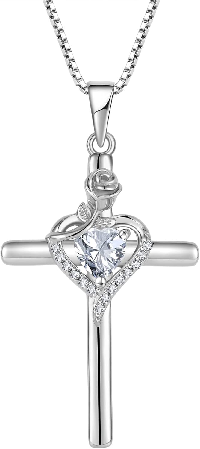 FJ Cross Necklace 925 Sterling Silver Rose Flower Pendant Religious Necklace Birthstone Jewelry for Women