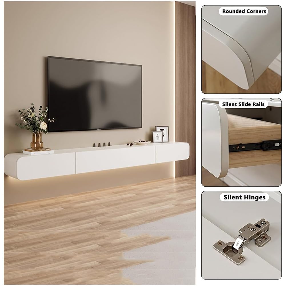 Pływająca półka na telewizor, montowana na ścianie, oszczędność miejsca, centrum rozrywki z miejscem do przechowywania do sypialni i salonu, stylowy szary design (160 x 20 x 18 cm)