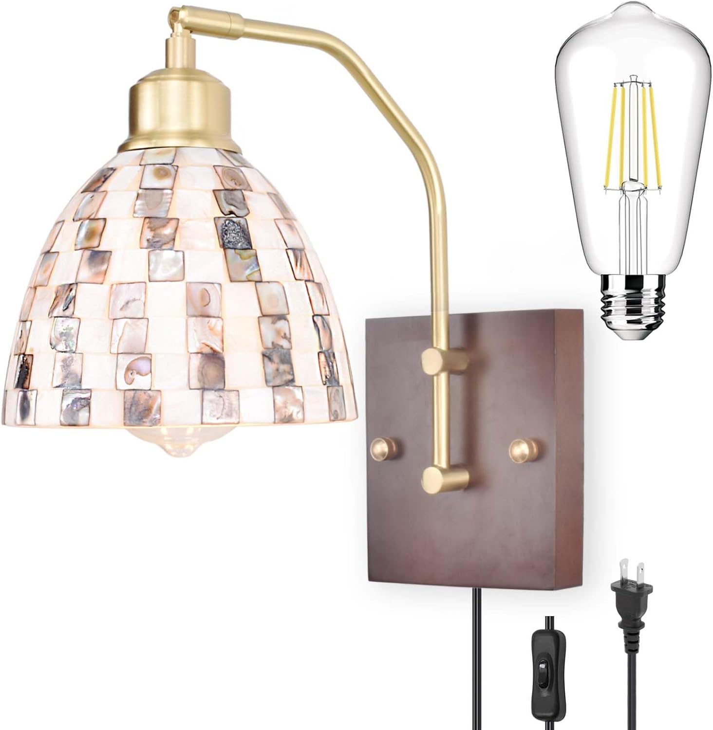 Vintage Natural Seashell Mosaic Lampshade Plug-in or Hardwire Wall Sconce with Edison LED Bulb, Solid Wood Brass Lamp Body Bedside Wall Light for Living Room, Bedroom, Hallway