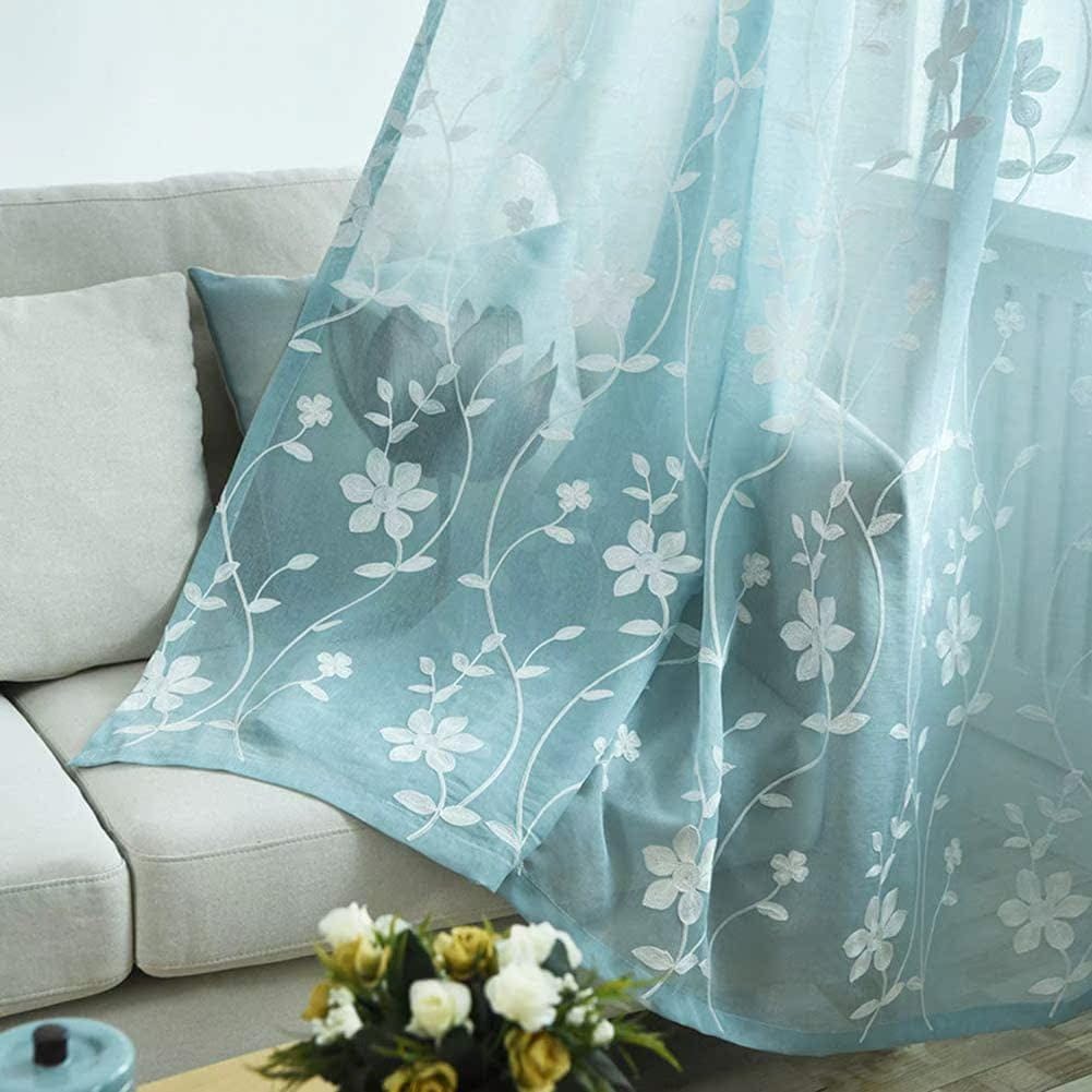 HooHero Blue Natural Voile Bedroom Living Room 100 Width Sheer Curtains Voile Curtian Window Treatments Exquisite Flower Embroidered