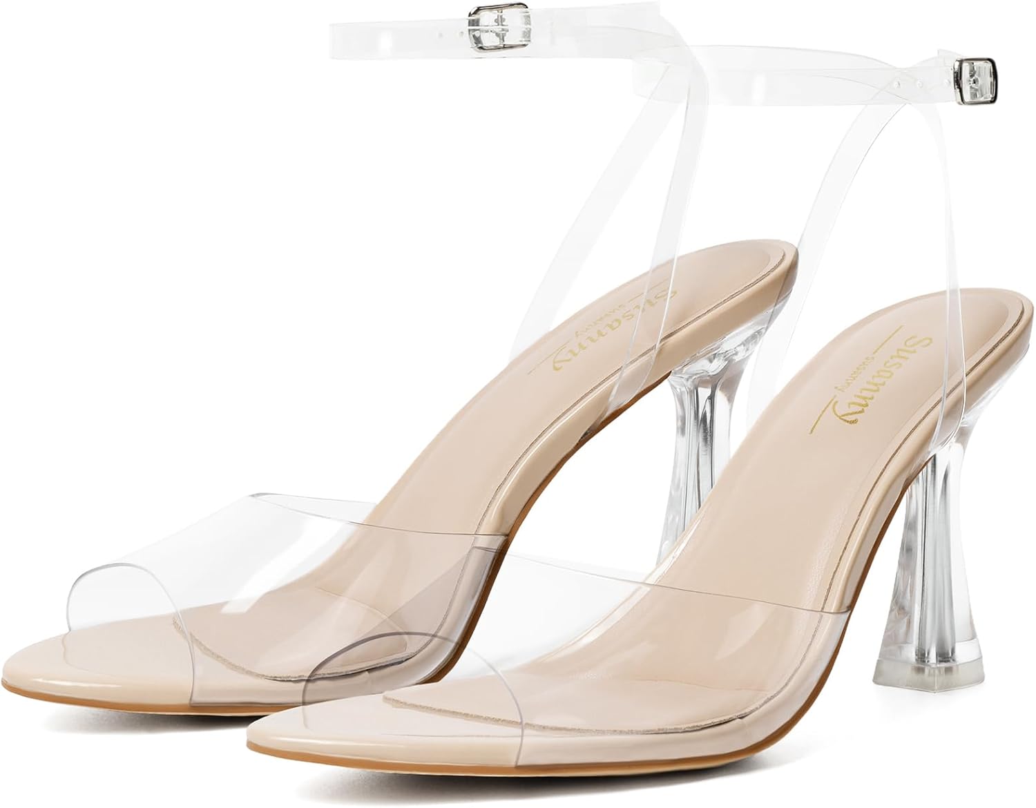 Susanny High Heels for Women Pointed Open Toe Strappy Chunky Block Heels Ankle Strap Stiletto Kitten Heeled Sandals Wedding Bridal Party Prom Sexy Dress Shoes