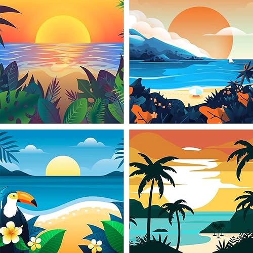 AOSGEDY Paquete de 4 pinturas por números para adultos, pintura de paisaje por números para adultos o principiantes, pintura de playa por números,
