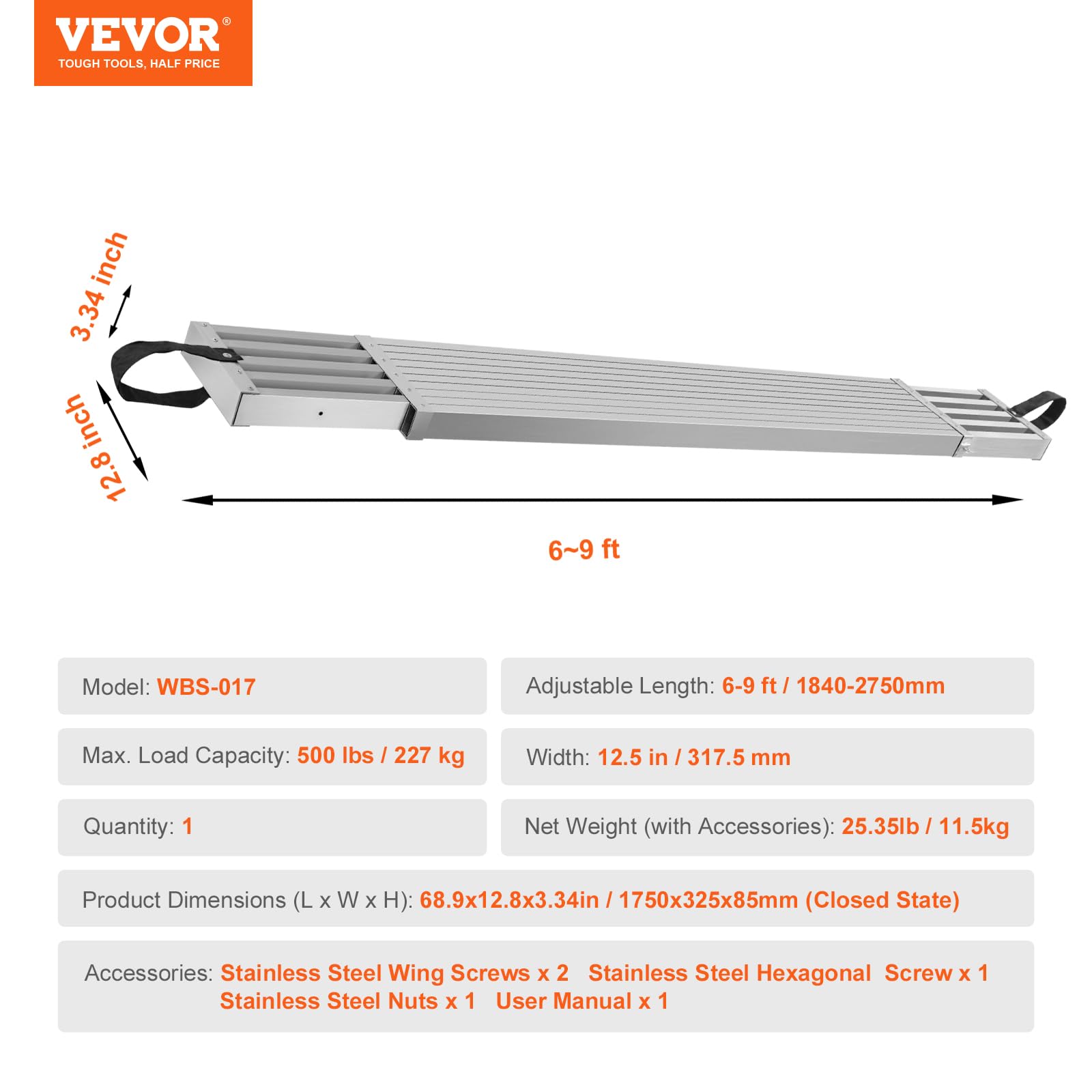 VEVOR Asse da Lavoro Telescopica in Alluminio 1840-2750 mm Asse per Impalcature in Alluminio, Capacità 227 kg Larghezza 317,5 mm con Accessorio Scaletta per Impalcature con Piattaforma Antiscivolo