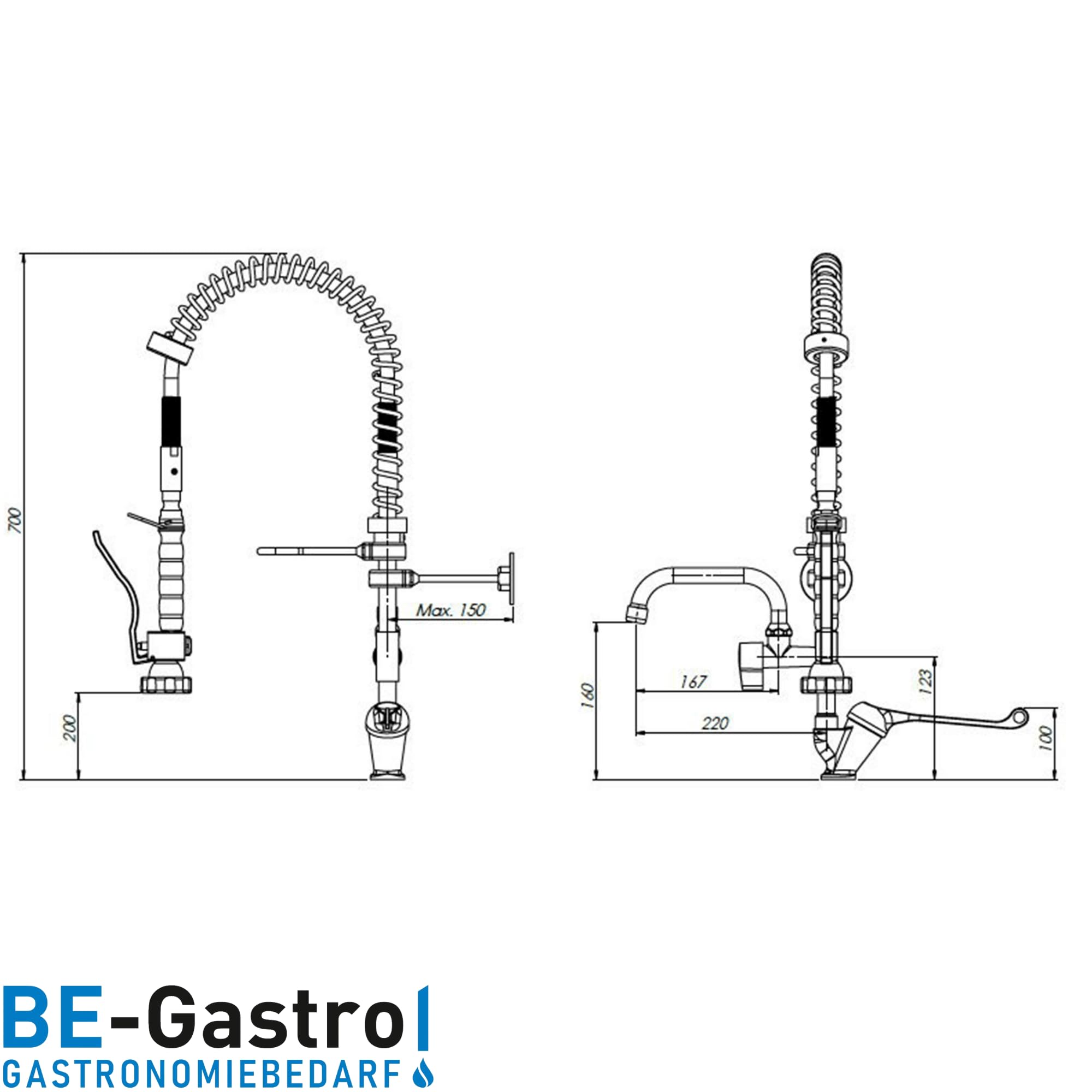 BE-GASTRO I Profi Premium Douchette de vaisselle professionnelle avec robinet, robinet industriel, douchette industriel, mitigeur et poignée longue ergonomique I Douchette gastronomique(70 cm)