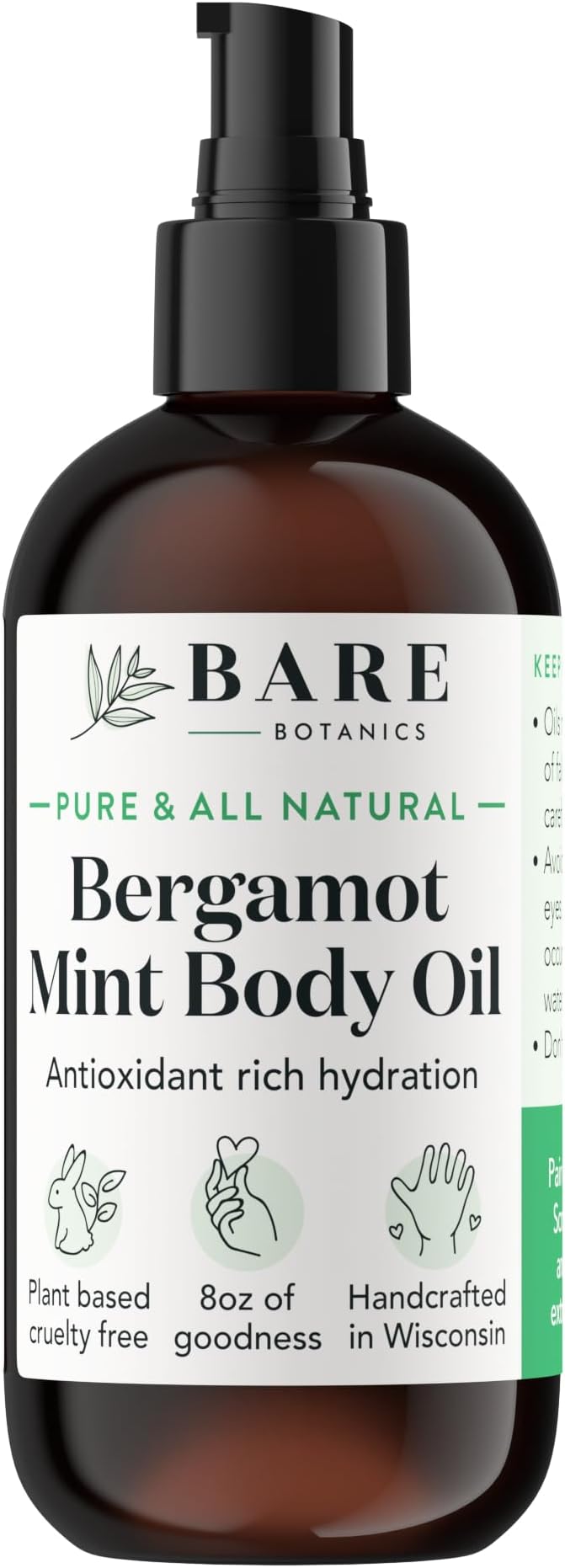 BARE BOTANICS 8 oz Moisturizing Mint Body Oil - 100% Pure & Natural for Skin & Nails - Perfect for Moisturization - Vegan, Cruelty Free & Naturally Scented Hair Oil