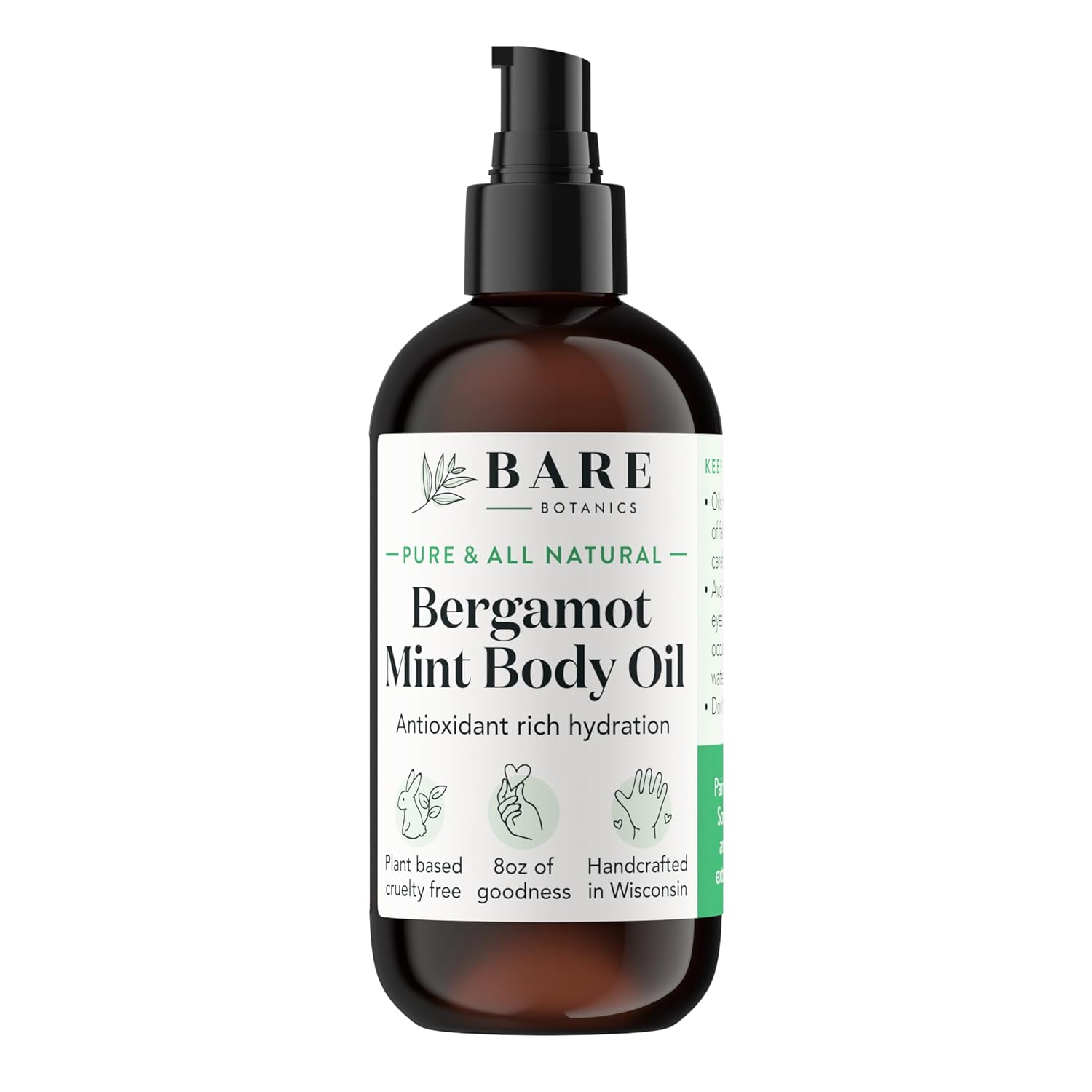 BARE BOTANICS Mint Body Oil 8oz | Expertly Formulated Bergamot Mint Oil for Body | Body Oil Vegan & Natural Hair Oil | After Shower Scented Body Oil for Women & Men