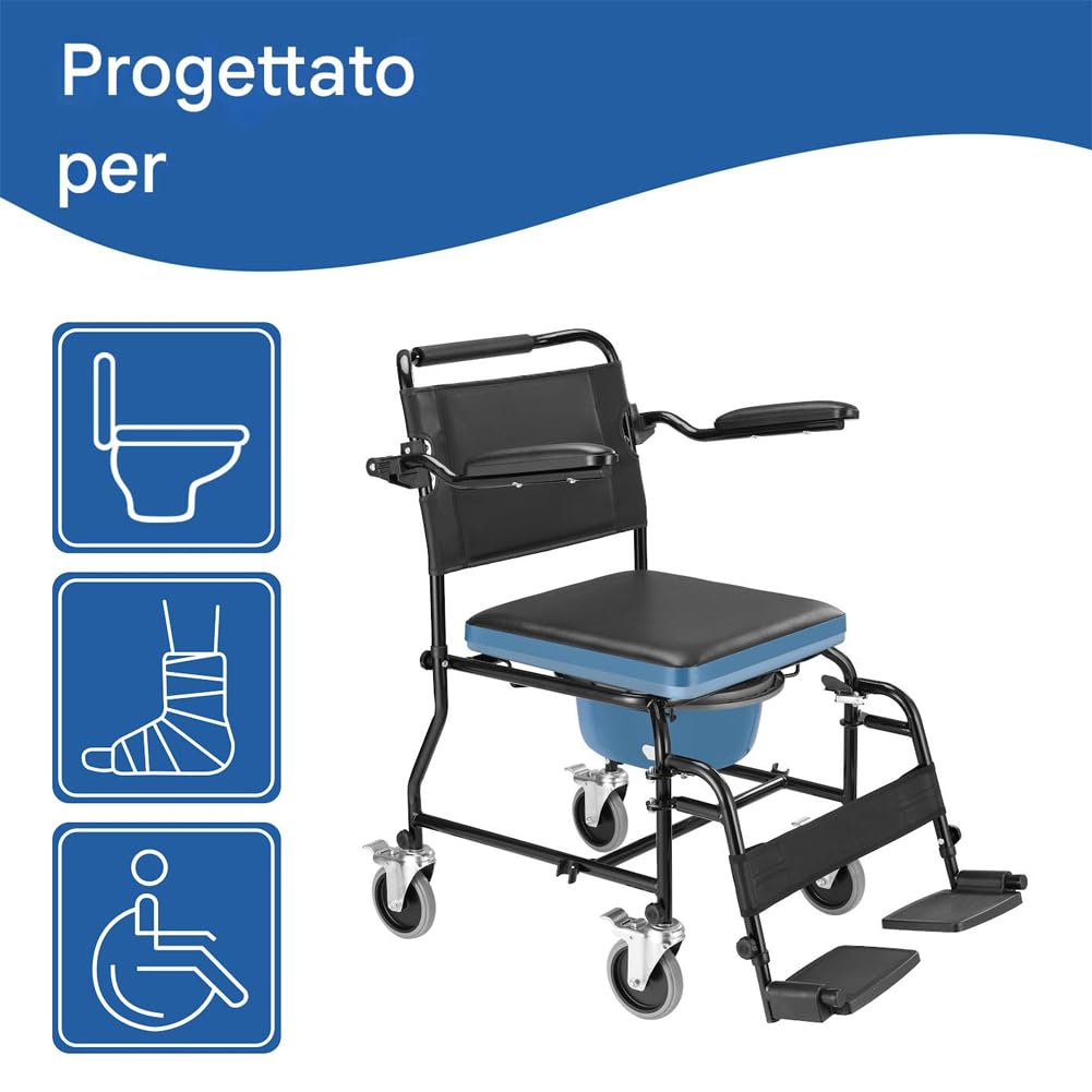 BAKAJI Sedia da doccia per Anziani Comoda con Secchio Rimovibile e Coperchio, Ausilio WC con Braccioli Basculanti, Rialzo Water Resistente, Sedia a Rotelle Persone con Mobilità Ridotta, Max. 110kg