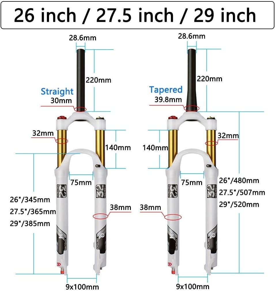 Fourche Avant Vélo Air VTT 26/27.5/29 Pouces, 140Mm Alliage Léger Voyage 1-1/8 "VTT Fourche Suspension 9Mm QR Blanc A,27.5inch