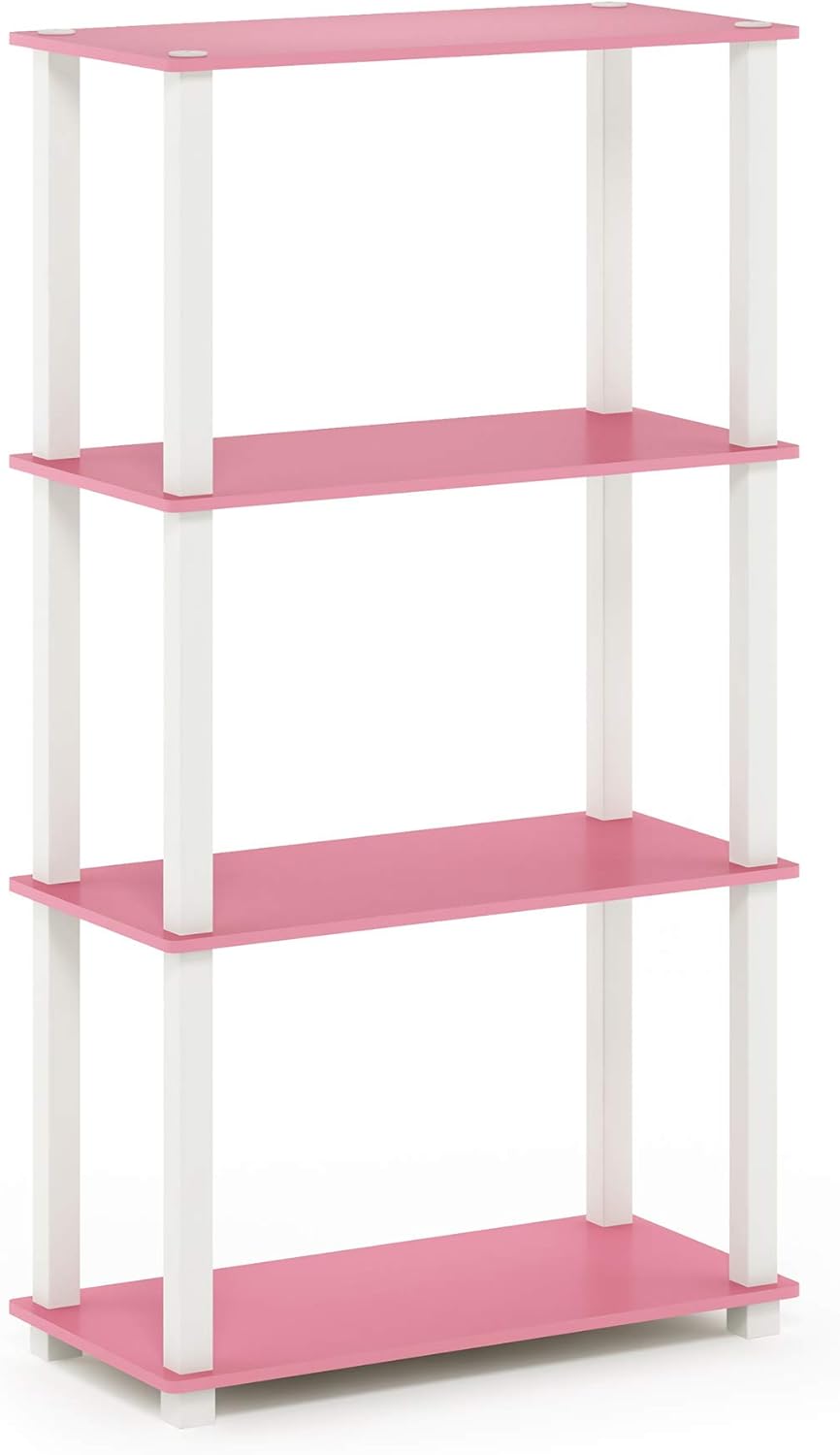 Furinno Turn-N-Tube 4-Tier Multipurpose Shelf Display Rack, Square Tube, Pink/White
