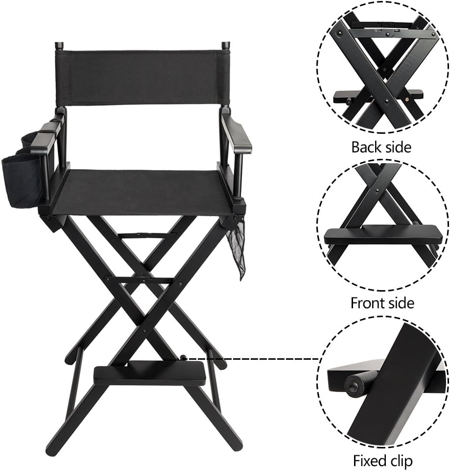 mefeir 31" Height Tall Directors Chairs, Folding Artist Makeup with Replacement Cover, Storage Side Bags, Footrest, Support 250 lbs, Solid Hardwood & Polyester Black Canvas