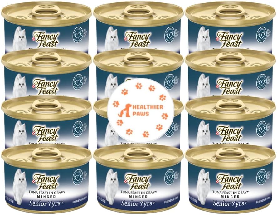 Fancy Feast High Protein Senior Gravy Wet Cat Food, Tuna Feast Minced in Gravy Senior 7+ Pack of 12 Cans (3 oz.) with Healthier Paw Sticker
