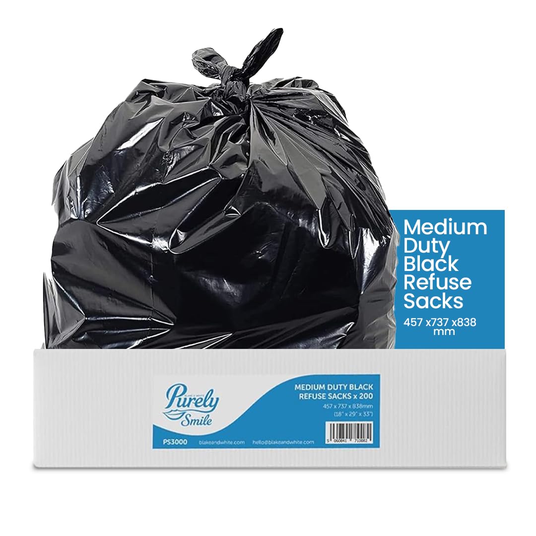 Blake & White 10 kg Capacity Black Sacks - Purely Smile Ultra Durable & Sustainable Recyclable Bin Bags - Medium Duty Liners for Household, Office, and Kitchen - Box of 200 - 18”X29”X33”