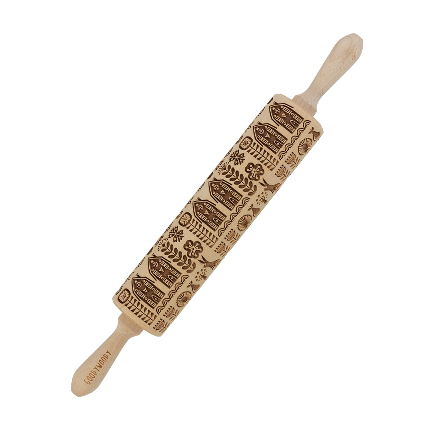 Starmann Rodillo Grabado Fabricado en Madera de Haya con Dibujos en Relieve Profundo y Mangos Ergonómicos | Incluye Cepillo de Limpieza (Estilo Escandinavo)