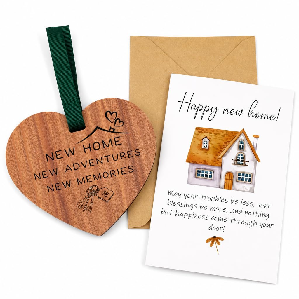 New Home Card with Envelope and Wooden Heart Plaque, New Home Gifts Greeting Card for Friends Family, Housewarming Card New Home Gift for Couple Women Men New House Card 9x10cm